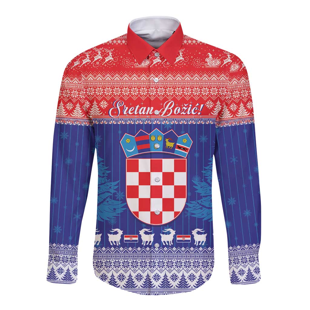 Croatia Christmas Long Sleeve Button Shirt Coat Of Arms Sretan Bozic - Wonder Print Shop