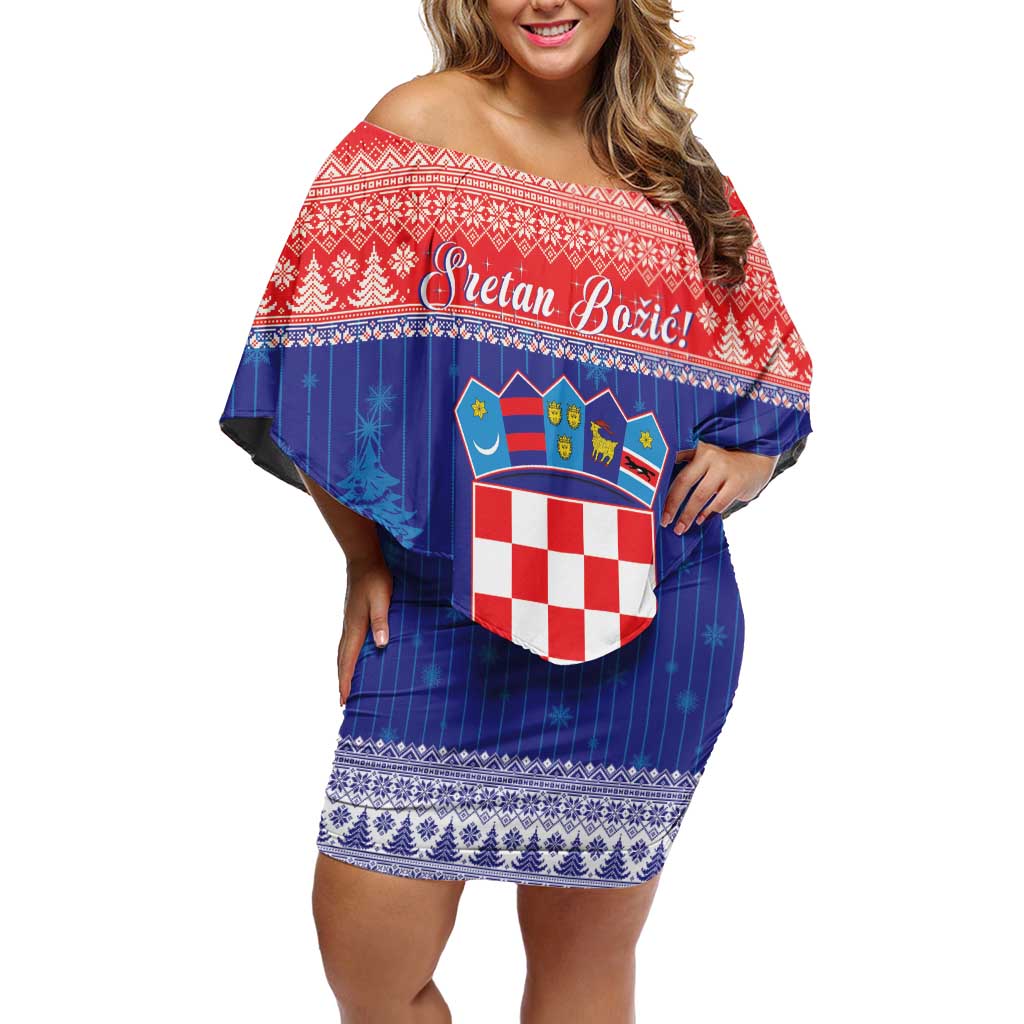 Croatia Christmas Off Shoulder Short Dress Coat Of Arms Sretan Bozic - Wonder Print Shop