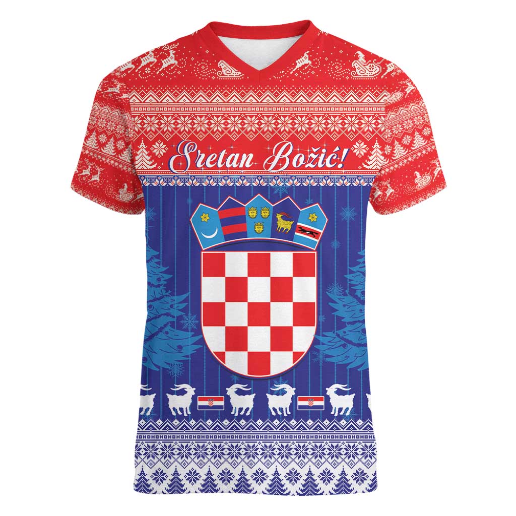 Croatia Christmas Women V-Neck T-Shirt Coat Of Arms Sretan Bozic - Wonder Print Shop