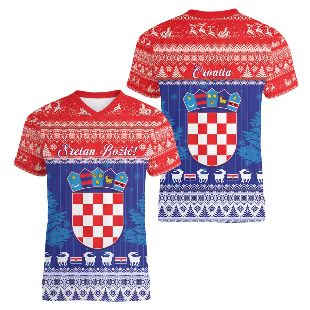 Croatia Christmas Women V-Neck T-Shirt Coat Of Arms Sretan Bozic - Wonder Print Shop