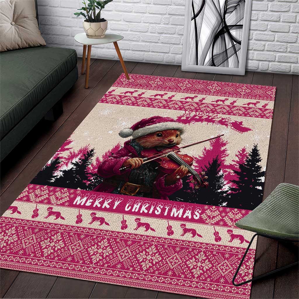 Croatia Christmas Area Rug Pine Marten Playing Violin - Dark Pink Color - Wonder Print Shop