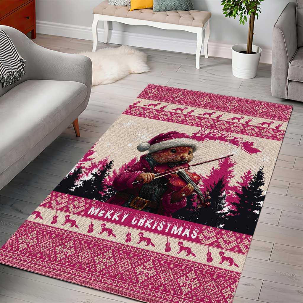 Croatia Christmas Area Rug Pine Marten Playing Violin - Dark Pink Color - Wonder Print Shop