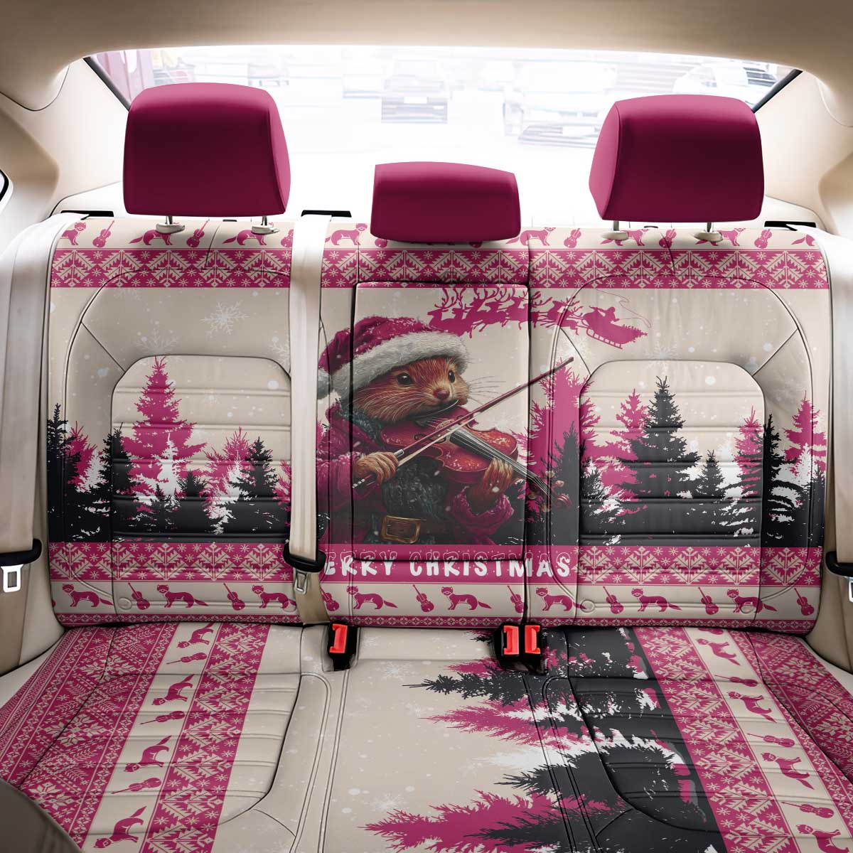 Croatia Christmas Back Car Seat Cover Pine Marten Playing Violin - Dark Pink Color - Wonder Print Shop