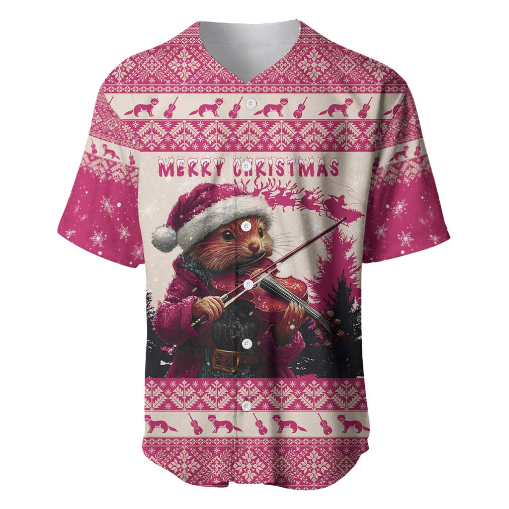 Croatia Christmas Baseball Jersey Pine Marten Playing Violin - Dark Pink Color - Wonder Print Shop