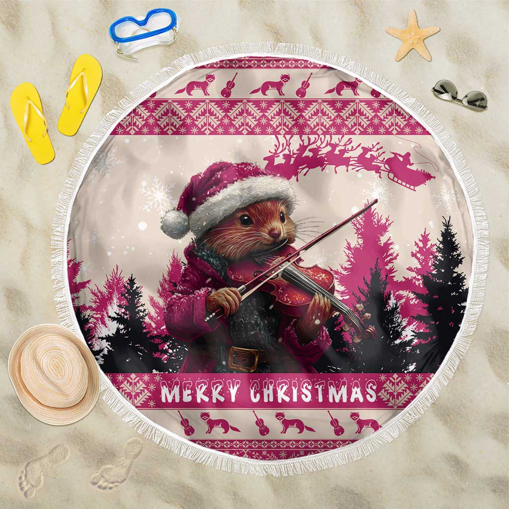 Croatia Christmas Beach Blanket Pine Marten Playing Violin - Dark Pink Color - Wonder Print Shop