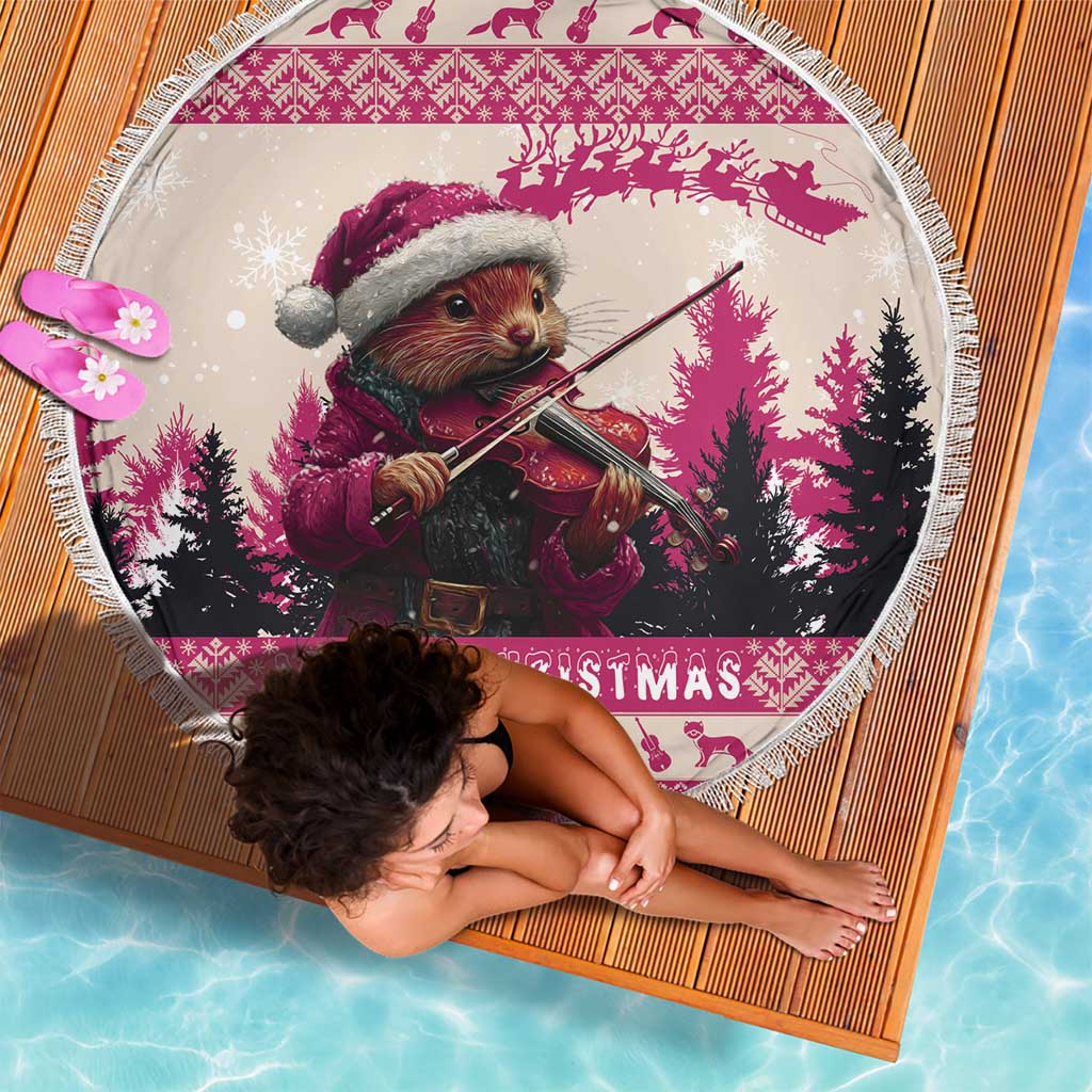 Croatia Christmas Beach Blanket Pine Marten Playing Violin - Dark Pink Color - Wonder Print Shop
