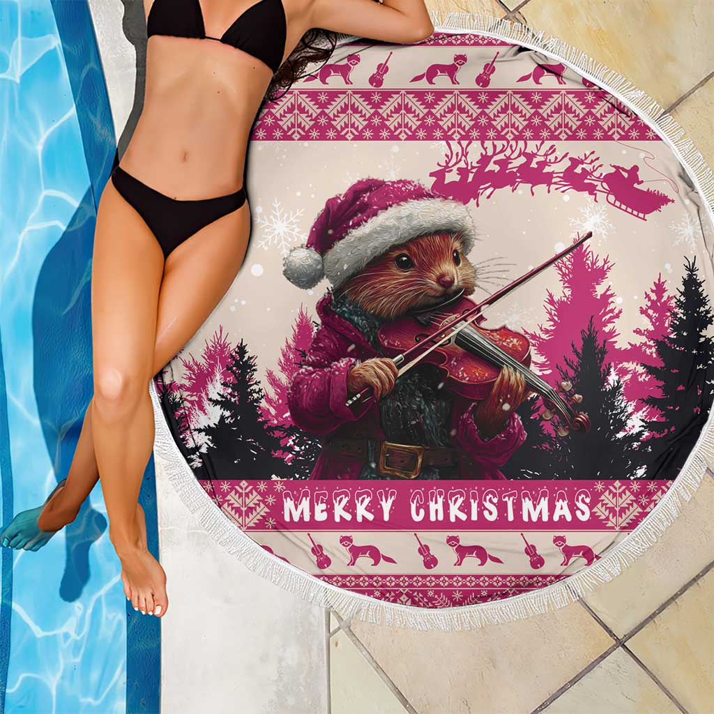 Croatia Christmas Beach Blanket Pine Marten Playing Violin - Dark Pink Color - Wonder Print Shop