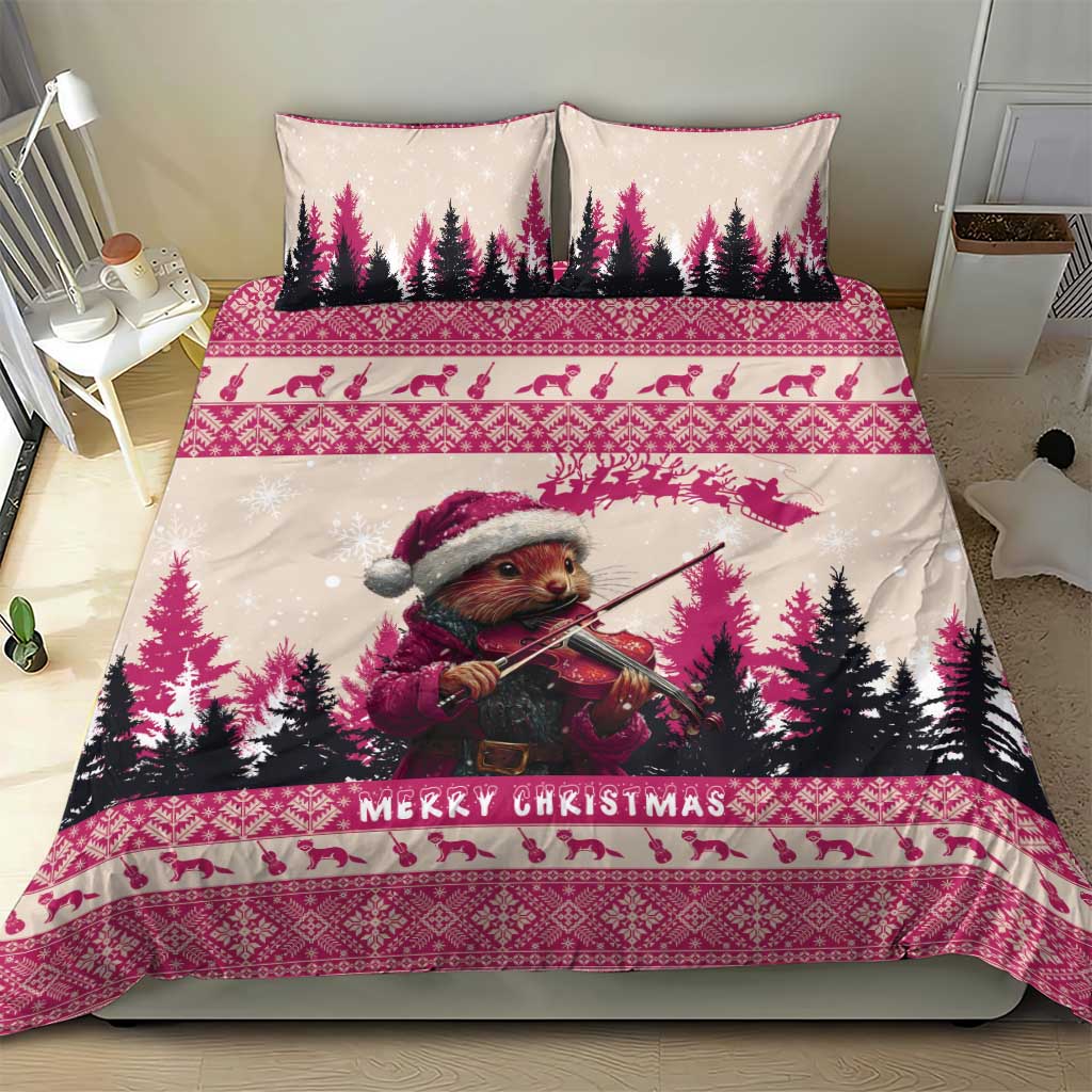 Croatia Christmas Bedding Set Pine Marten Playing Violin - Dark Pink Color - Wonder Print Shop