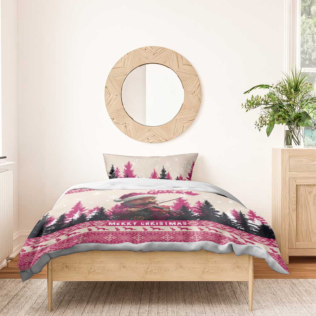 Croatia Christmas Bedding Set Pine Marten Playing Violin - Dark Pink Color - Wonder Print Shop