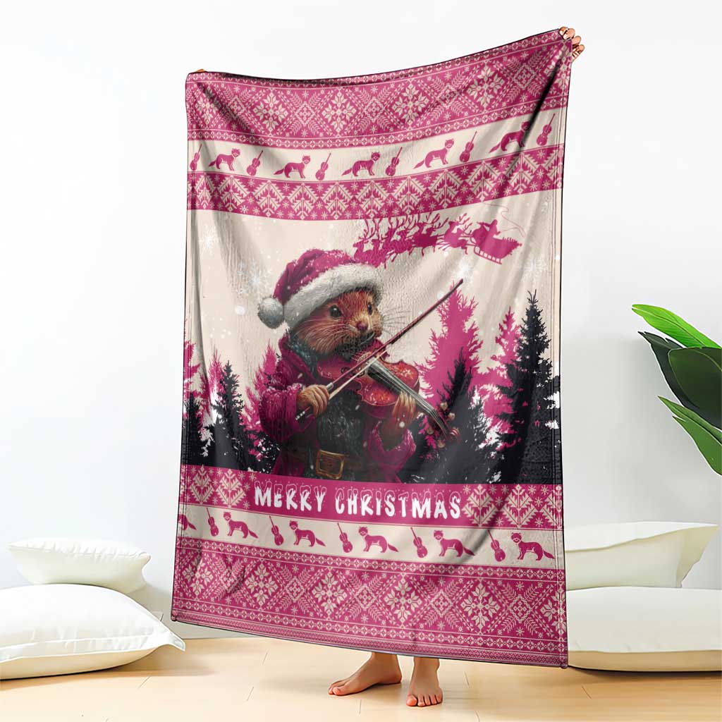 Croatia Christmas Blanket Pine Marten Playing Violin - Dark Pink Color