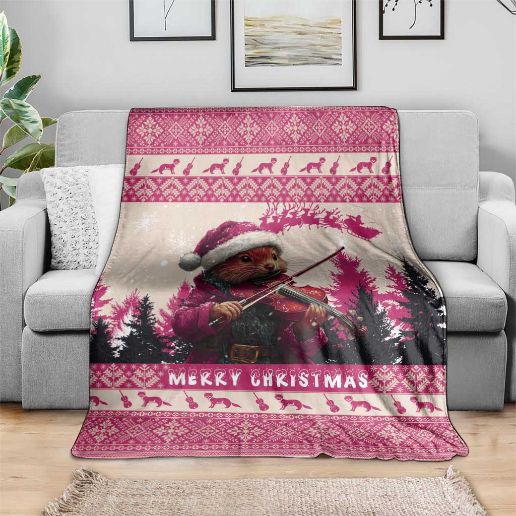 Croatia Christmas Blanket Pine Marten Playing Violin - Dark Pink Color