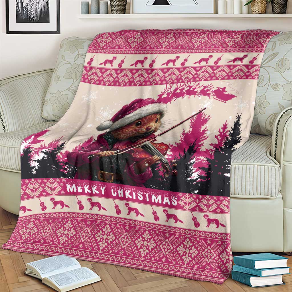 Croatia Christmas Blanket Pine Marten Playing Violin - Dark Pink Color