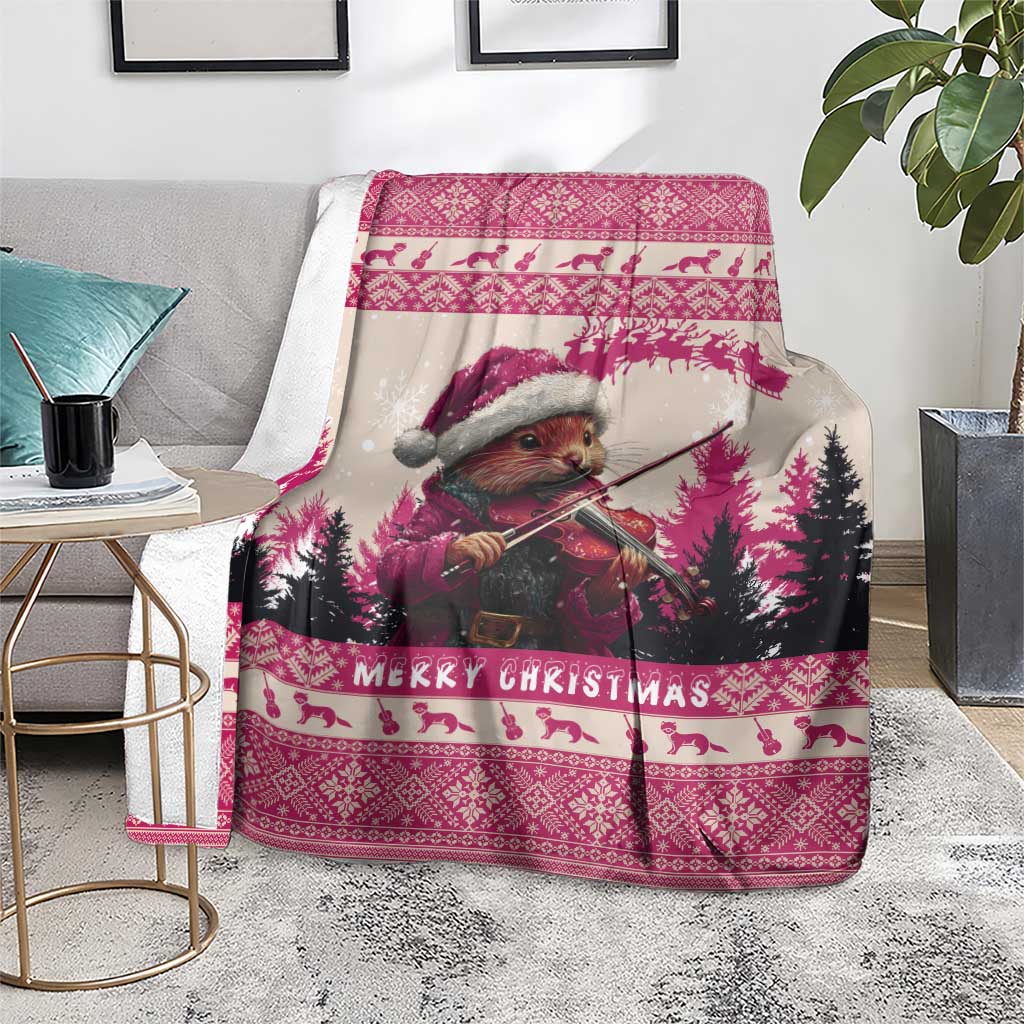 Croatia Christmas Blanket Pine Marten Playing Violin - Dark Pink Color