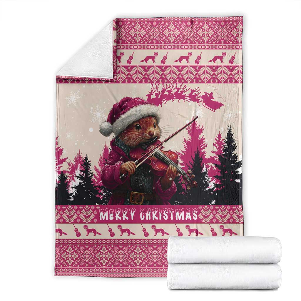 Croatia Christmas Blanket Pine Marten Playing Violin - Dark Pink Color