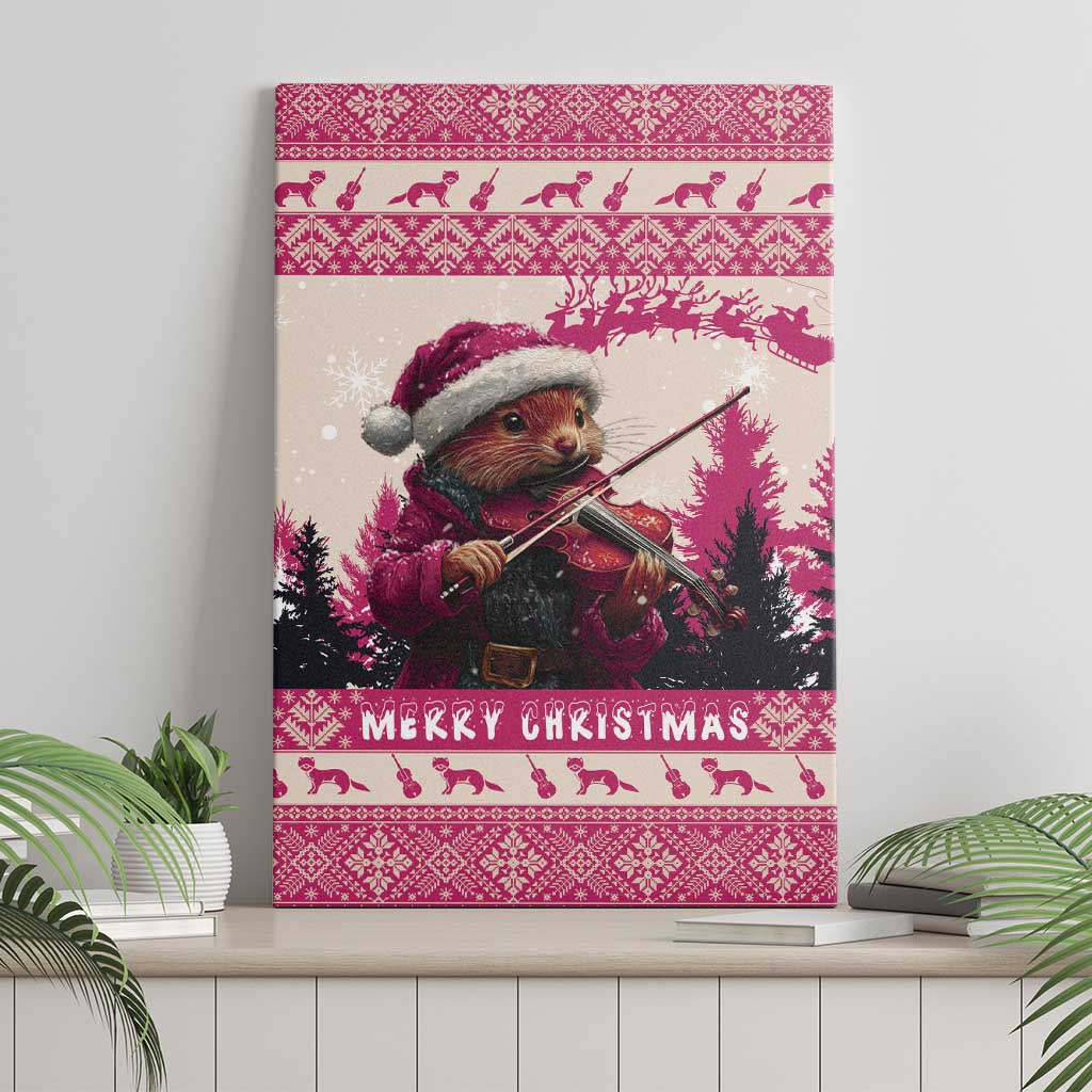 Croatia Christmas Canvas Wall Art Pine Marten Playing Violin - Dark Pink Color - Wonder Print Shop