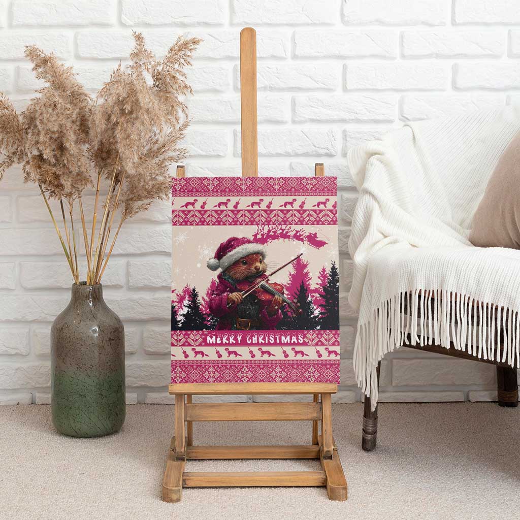 Croatia Christmas Canvas Wall Art Pine Marten Playing Violin - Dark Pink Color - Wonder Print Shop