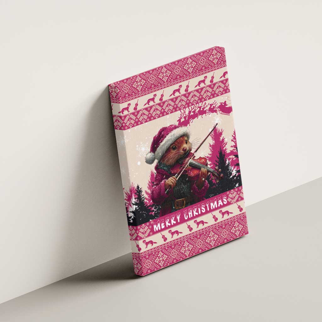 Croatia Christmas Canvas Wall Art Pine Marten Playing Violin - Dark Pink Color - Wonder Print Shop