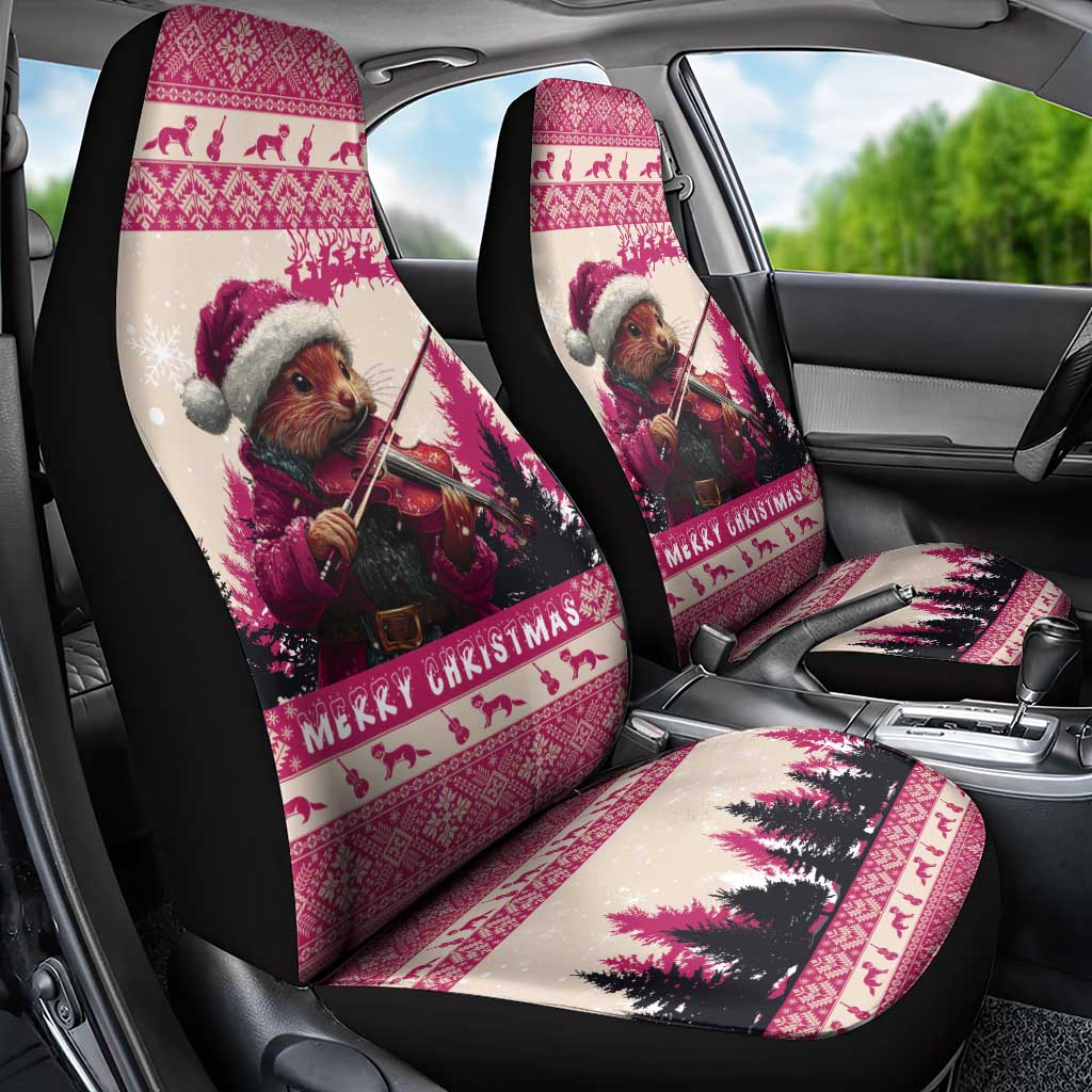 Croatia Christmas Car Seat Cover Pine Marten Playing Violin - Dark Pink Color - Wonder Print Shop