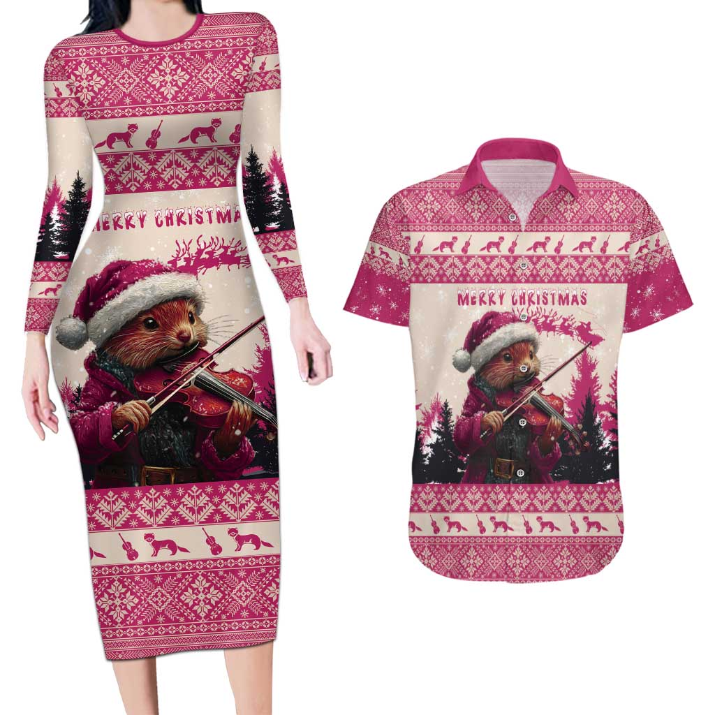 Croatia Christmas Couples Matching Long Sleeve Bodycon Dress and Hawaiian Shirt Pine Marten Playing Violin - Dark Pink Color - Wonder Print Shop