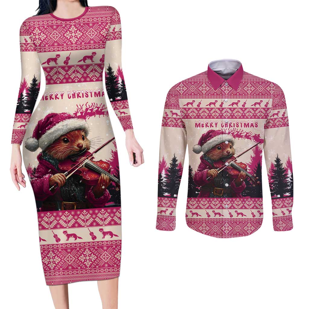 Croatia Christmas Couples Matching Long Sleeve Bodycon Dress and Long Sleeve Button Shirt Pine Marten Playing Violin - Dark Pink Color - Wonder Print Shop