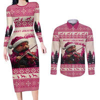 Croatia Christmas Couples Matching Long Sleeve Bodycon Dress and Long Sleeve Button Shirt Pine Marten Playing Violin - Dark Pink Color - Wonder Print Shop