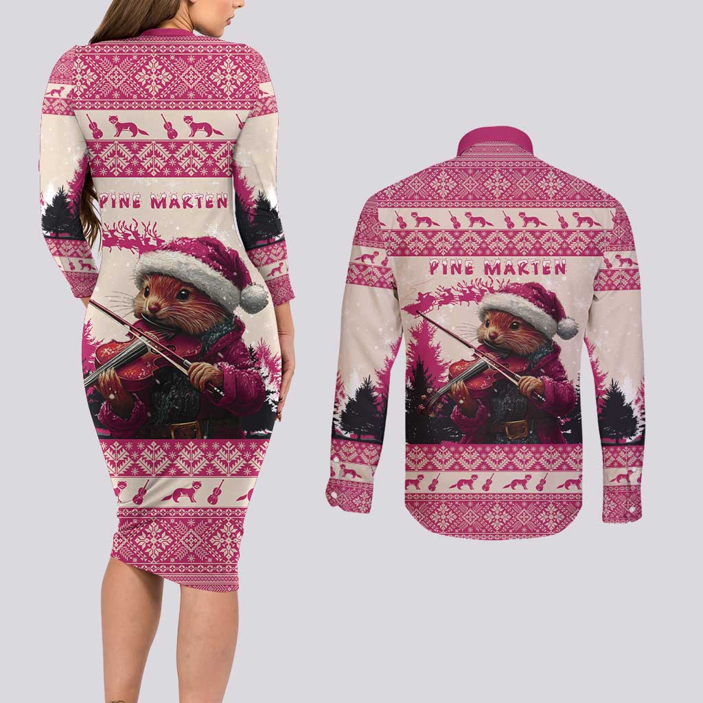 Croatia Christmas Couples Matching Long Sleeve Bodycon Dress and Long Sleeve Button Shirt Pine Marten Playing Violin - Dark Pink Color - Wonder Print Shop