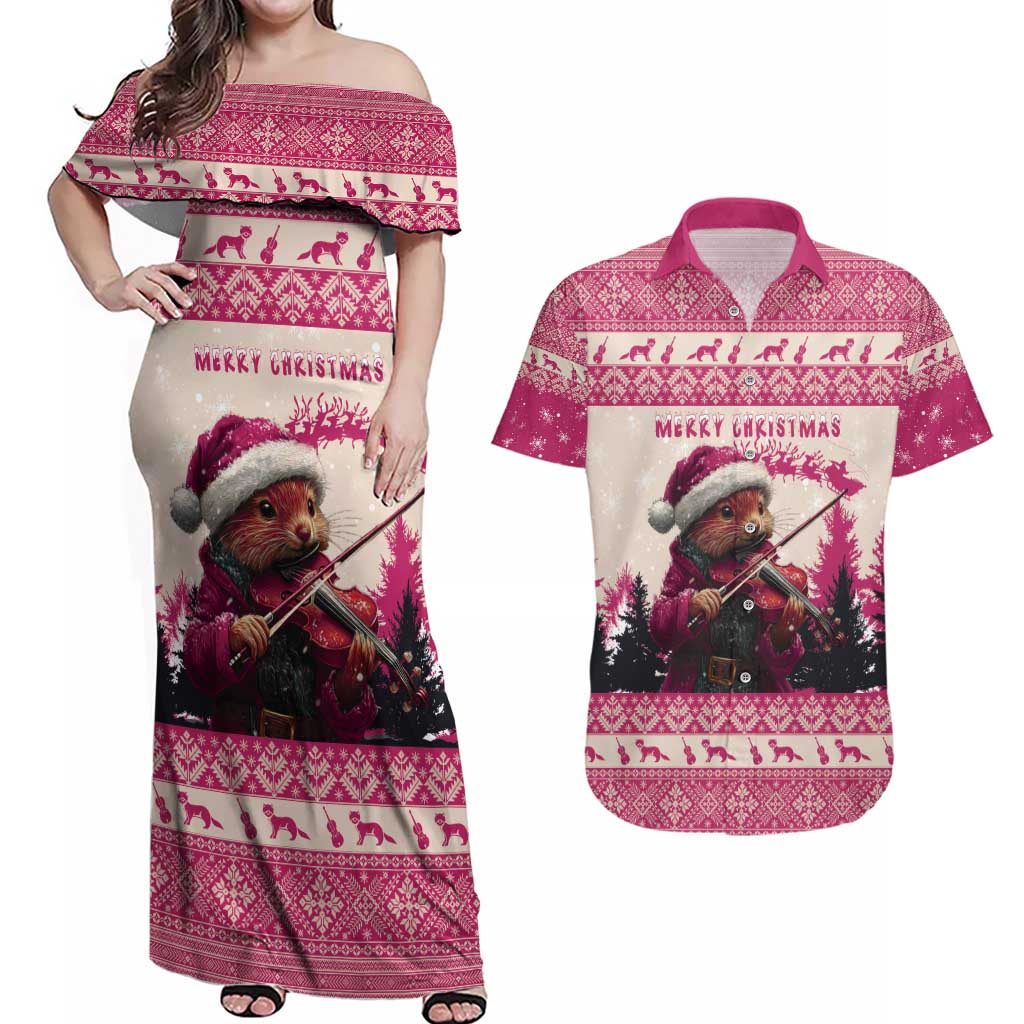 Croatia Christmas Couples Matching Off Shoulder Maxi Dress and Hawaiian Shirt Pine Marten Playing Violin - Dark Pink Color - Wonder Print Shop
