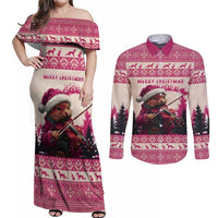 Croatia Christmas Couples Matching Off Shoulder Maxi Dress and Long Sleeve Button Shirt Pine Marten Playing Violin - Dark Pink Color - Wonder Print Shop