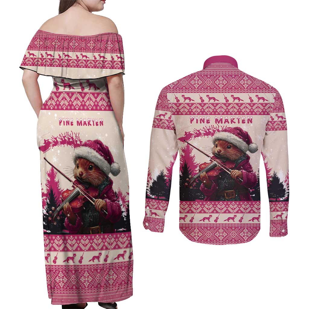 Croatia Christmas Couples Matching Off Shoulder Maxi Dress and Long Sleeve Button Shirt Pine Marten Playing Violin - Dark Pink Color - Wonder Print Shop