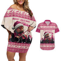 Croatia Christmas Couples Matching Off Shoulder Short Dress and Hawaiian Shirt Pine Marten Playing Violin - Dark Pink Color - Wonder Print Shop