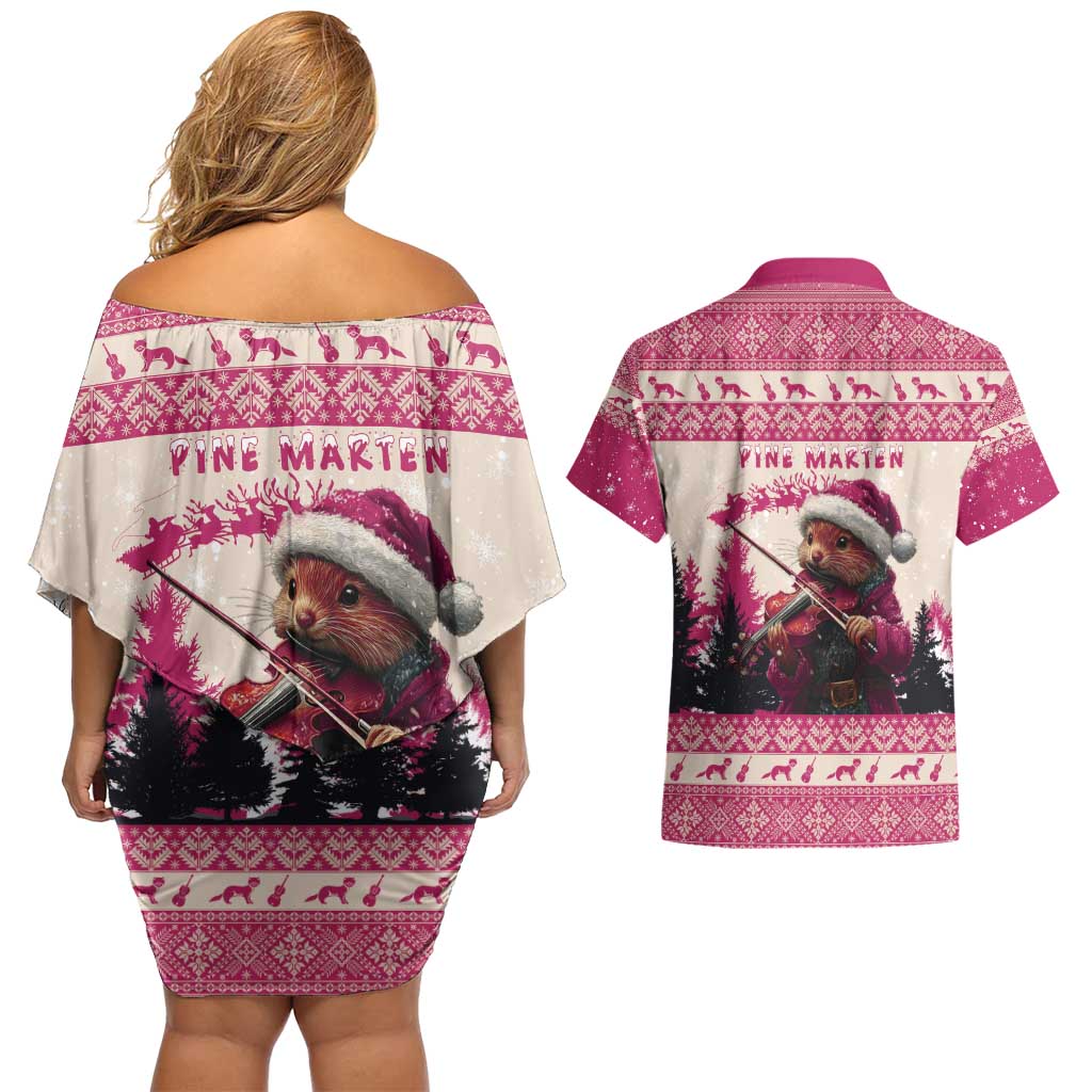 Croatia Christmas Couples Matching Off Shoulder Short Dress and Hawaiian Shirt Pine Marten Playing Violin - Dark Pink Color - Wonder Print Shop