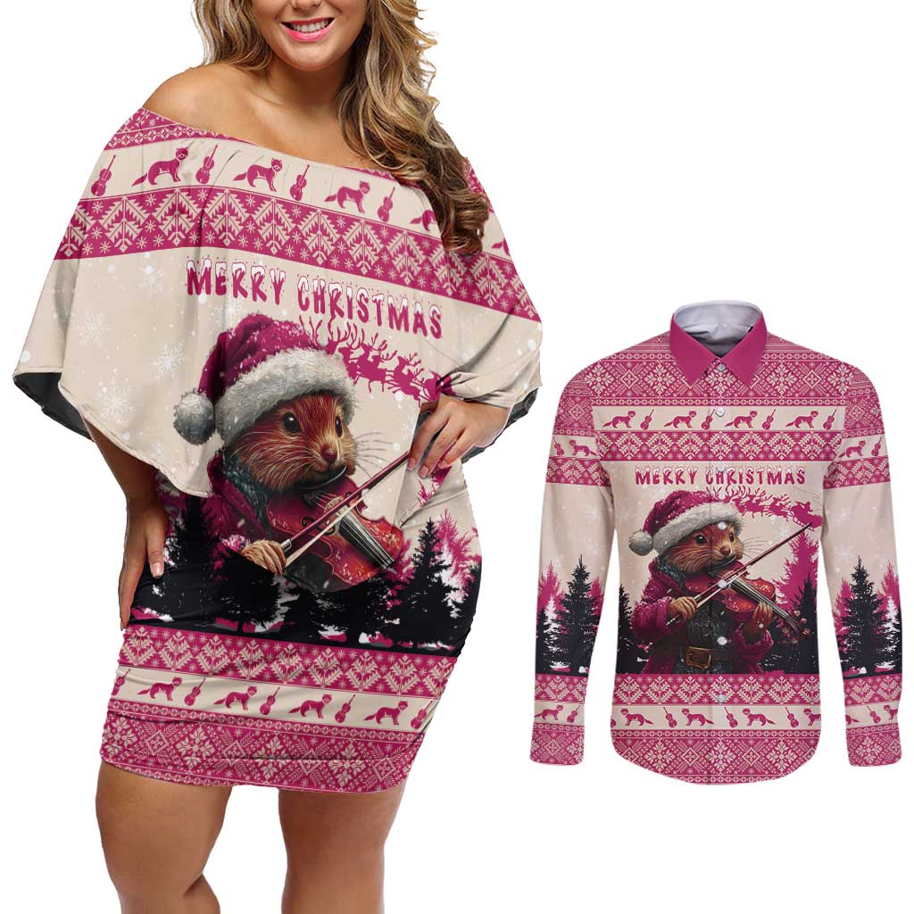 Croatia Christmas Couples Matching Off Shoulder Short Dress and Long Sleeve Button Shirt Pine Marten Playing Violin - Dark Pink Color - Wonder Print Shop