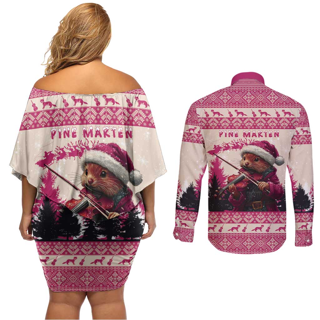 Croatia Christmas Couples Matching Off Shoulder Short Dress and Long Sleeve Button Shirt Pine Marten Playing Violin - Dark Pink Color - Wonder Print Shop