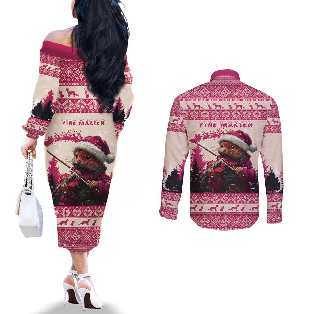 Croatia Christmas Couples Matching Off The Shoulder Long Sleeve Dress and Long Sleeve Button Shirt Pine Marten Playing Violin - Dark Pink Color