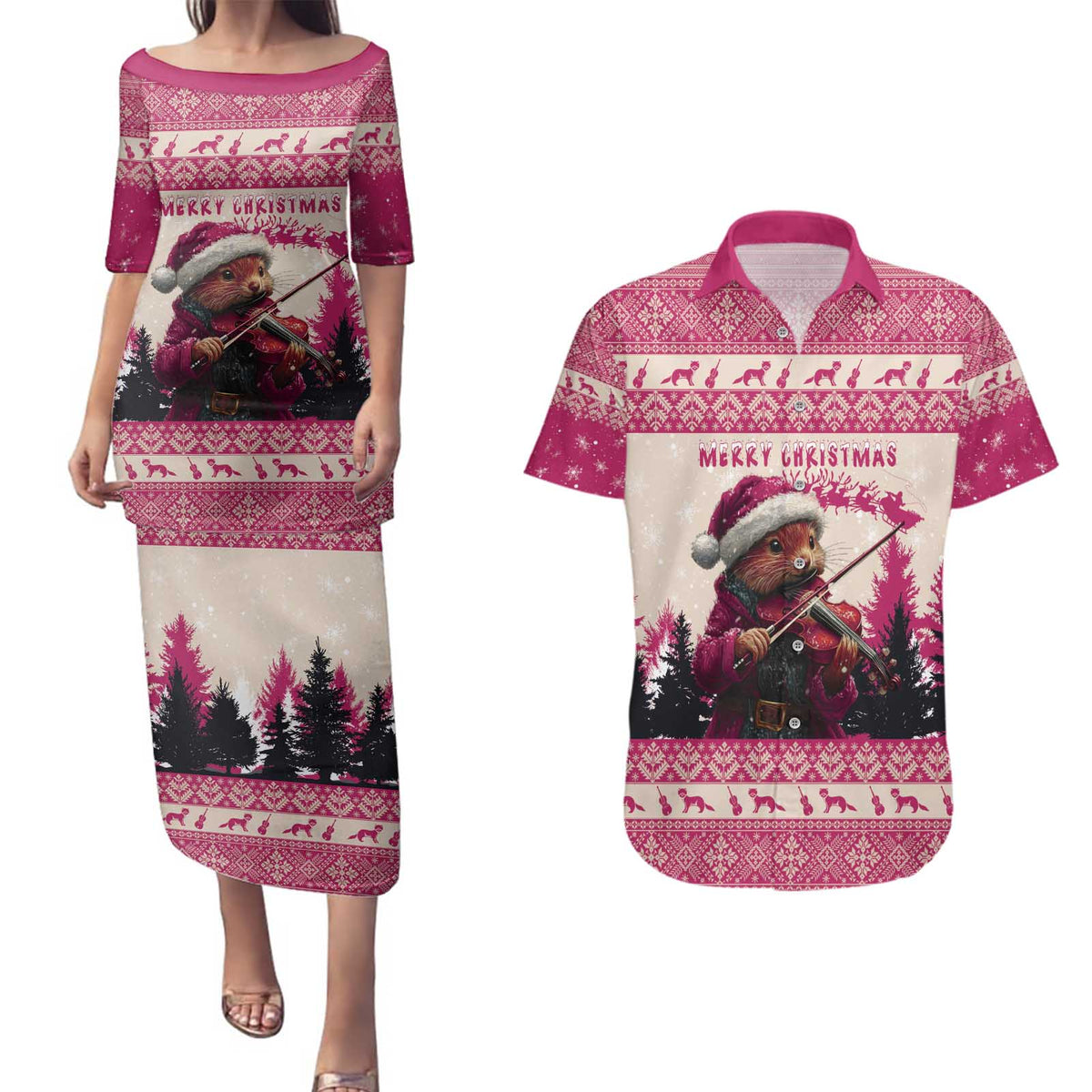 Croatia Christmas Couples Matching Puletasi and Hawaiian Shirt Pine Marten Playing Violin - Dark Pink Color - Wonder Print Shop