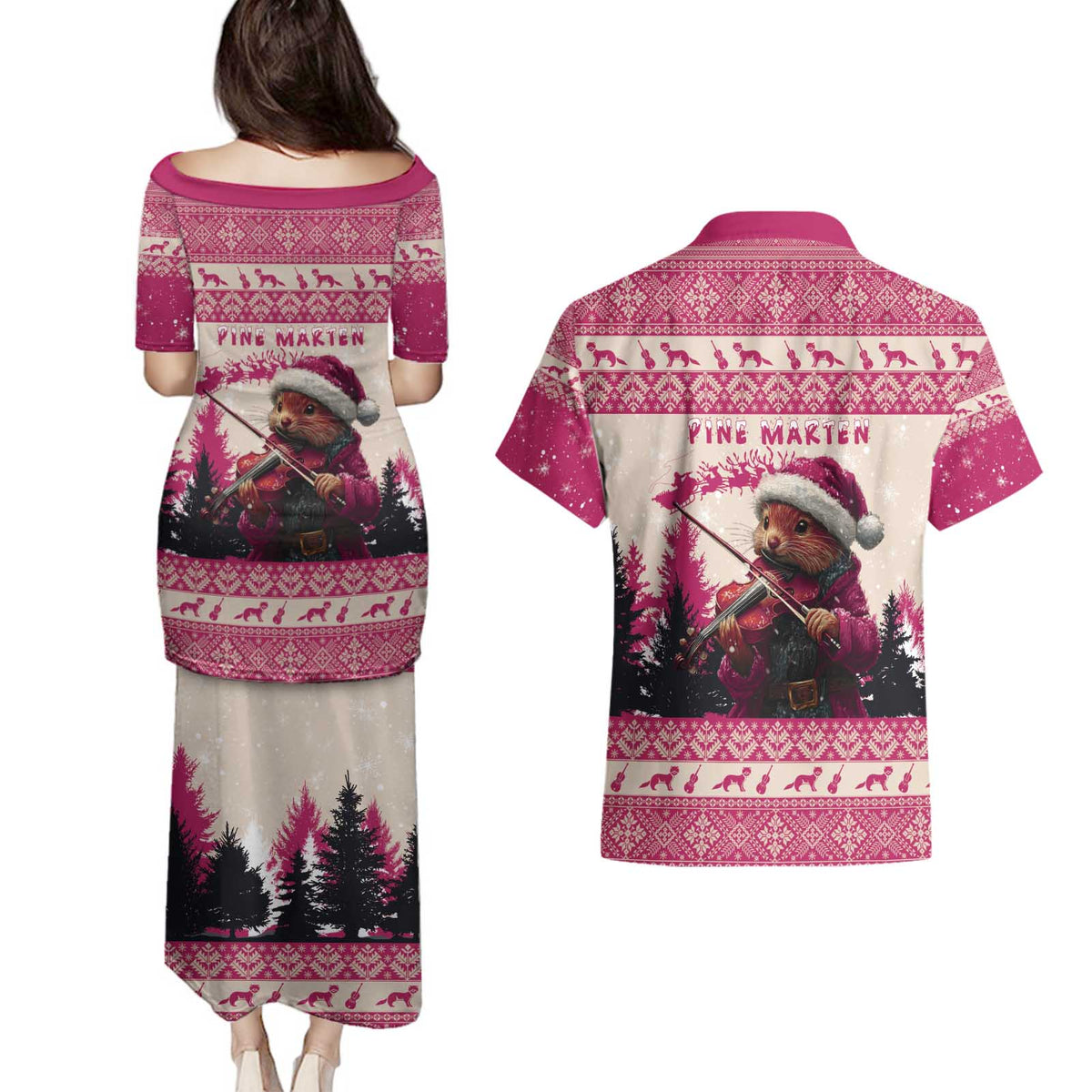 Croatia Christmas Couples Matching Puletasi and Hawaiian Shirt Pine Marten Playing Violin - Dark Pink Color - Wonder Print Shop