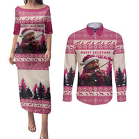 Croatia Christmas Couples Matching Puletasi and Long Sleeve Button Shirt Pine Marten Playing Violin - Dark Pink Color - Wonder Print Shop