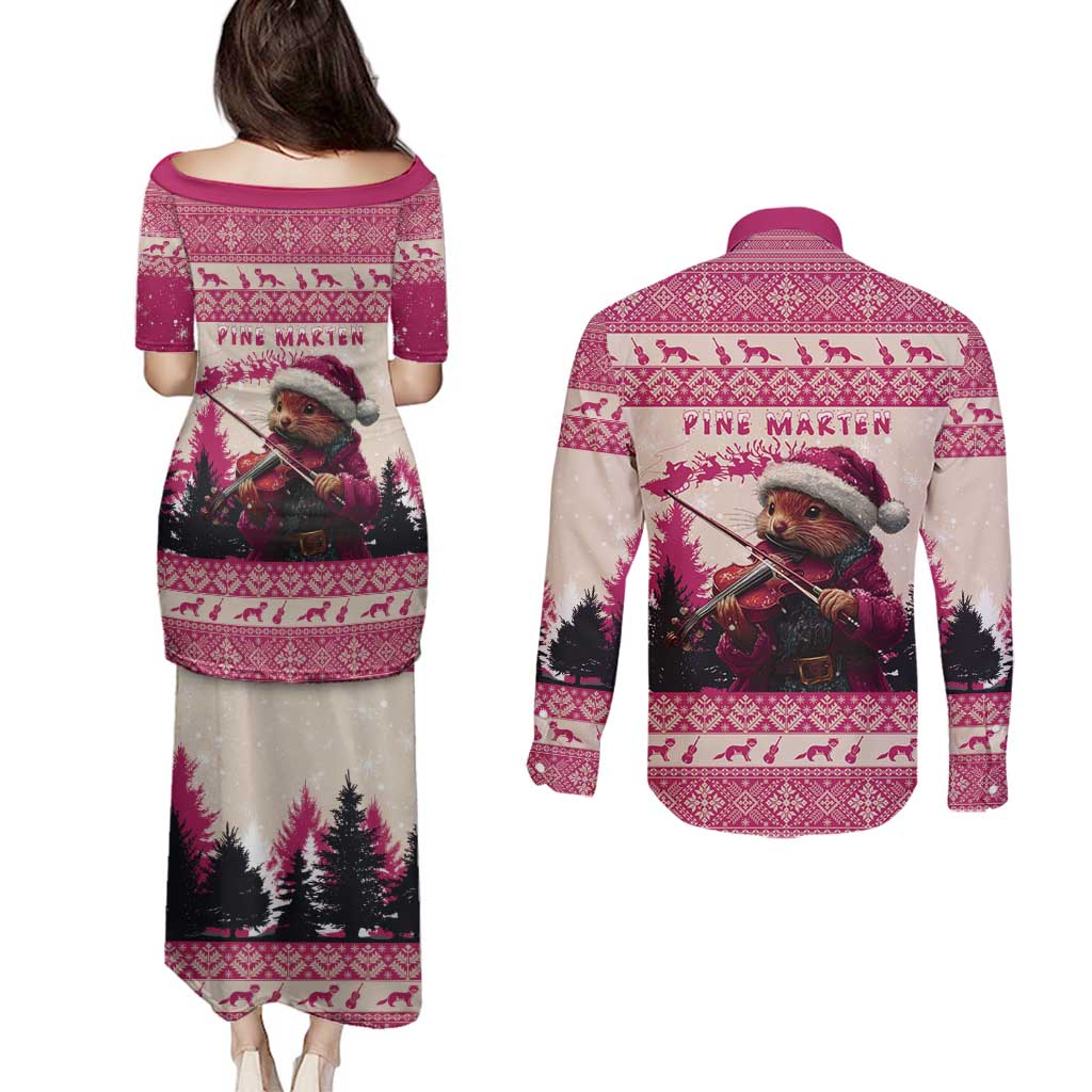 Croatia Christmas Couples Matching Puletasi and Long Sleeve Button Shirt Pine Marten Playing Violin - Dark Pink Color - Wonder Print Shop