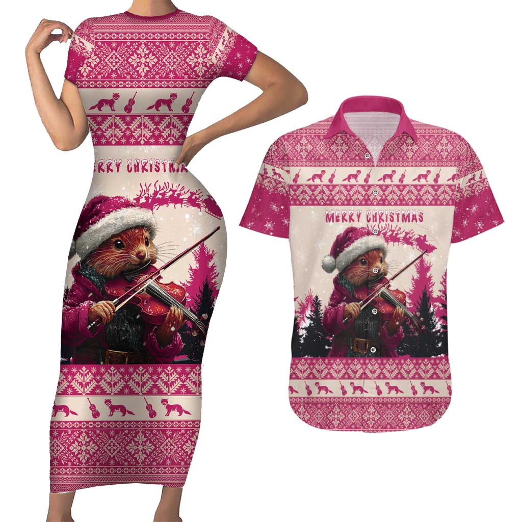 Croatia Christmas Couples Matching Short Sleeve Bodycon Dress and Hawaiian Shirt Pine Marten Playing Violin - Dark Pink Color - Wonder Print Shop