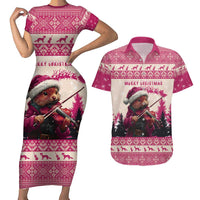 Croatia Christmas Couples Matching Short Sleeve Bodycon Dress and Hawaiian Shirt Pine Marten Playing Violin - Dark Pink Color - Wonder Print Shop