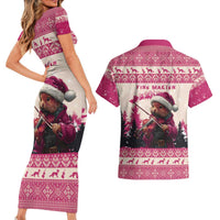 Croatia Christmas Couples Matching Short Sleeve Bodycon Dress and Hawaiian Shirt Pine Marten Playing Violin - Dark Pink Color - Wonder Print Shop