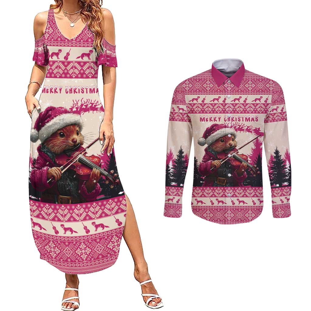 Croatia Christmas Couples Matching Summer Maxi Dress and Long Sleeve Button Shirt Pine Marten Playing Violin - Dark Pink Color - Wonder Print Shop