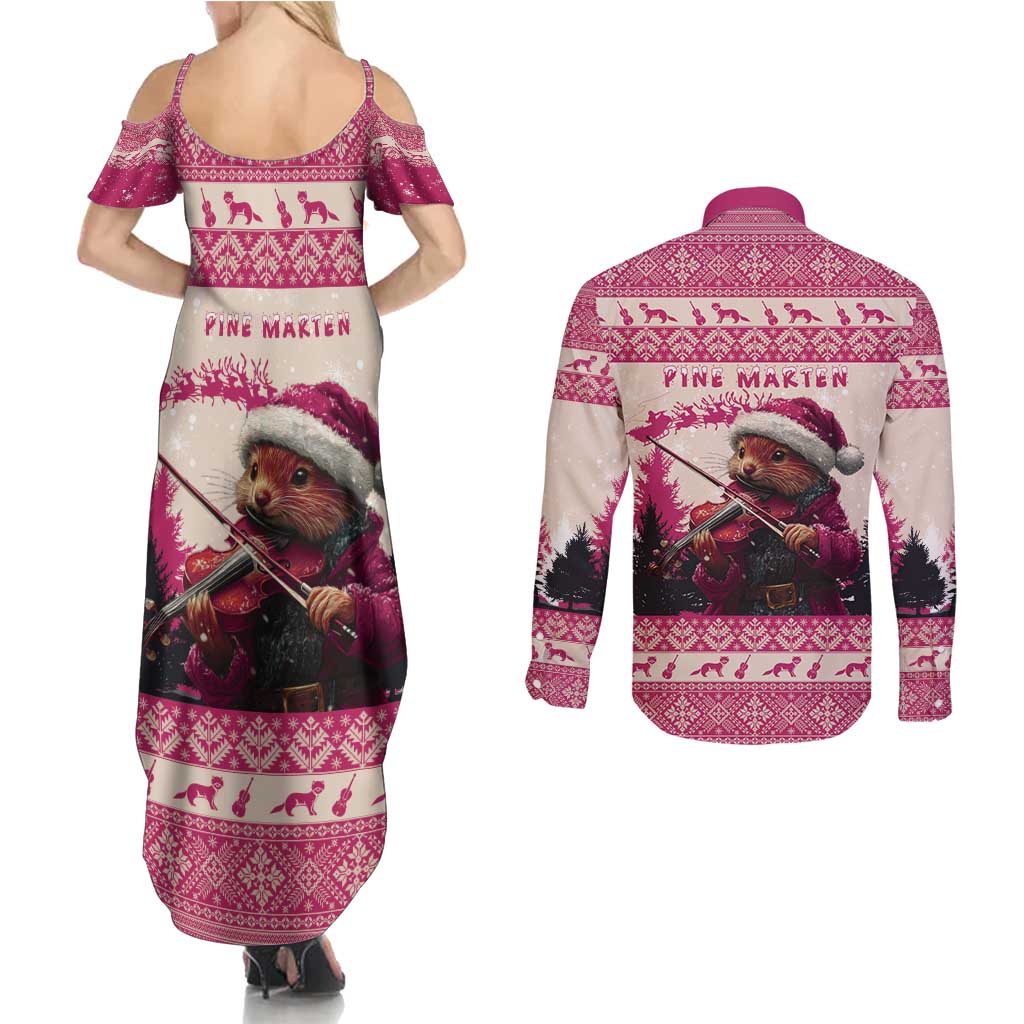 Croatia Christmas Couples Matching Summer Maxi Dress and Long Sleeve Button Shirt Pine Marten Playing Violin - Dark Pink Color - Wonder Print Shop