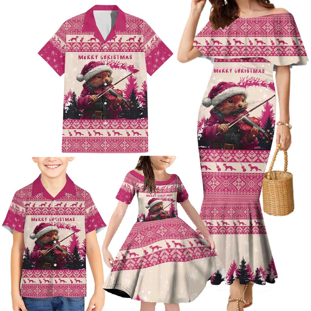 Croatia Christmas Family Matching Mermaid Dress and Hawaiian Shirt Pine Marten Playing Violin - Dark Pink Color - Wonder Print Shop