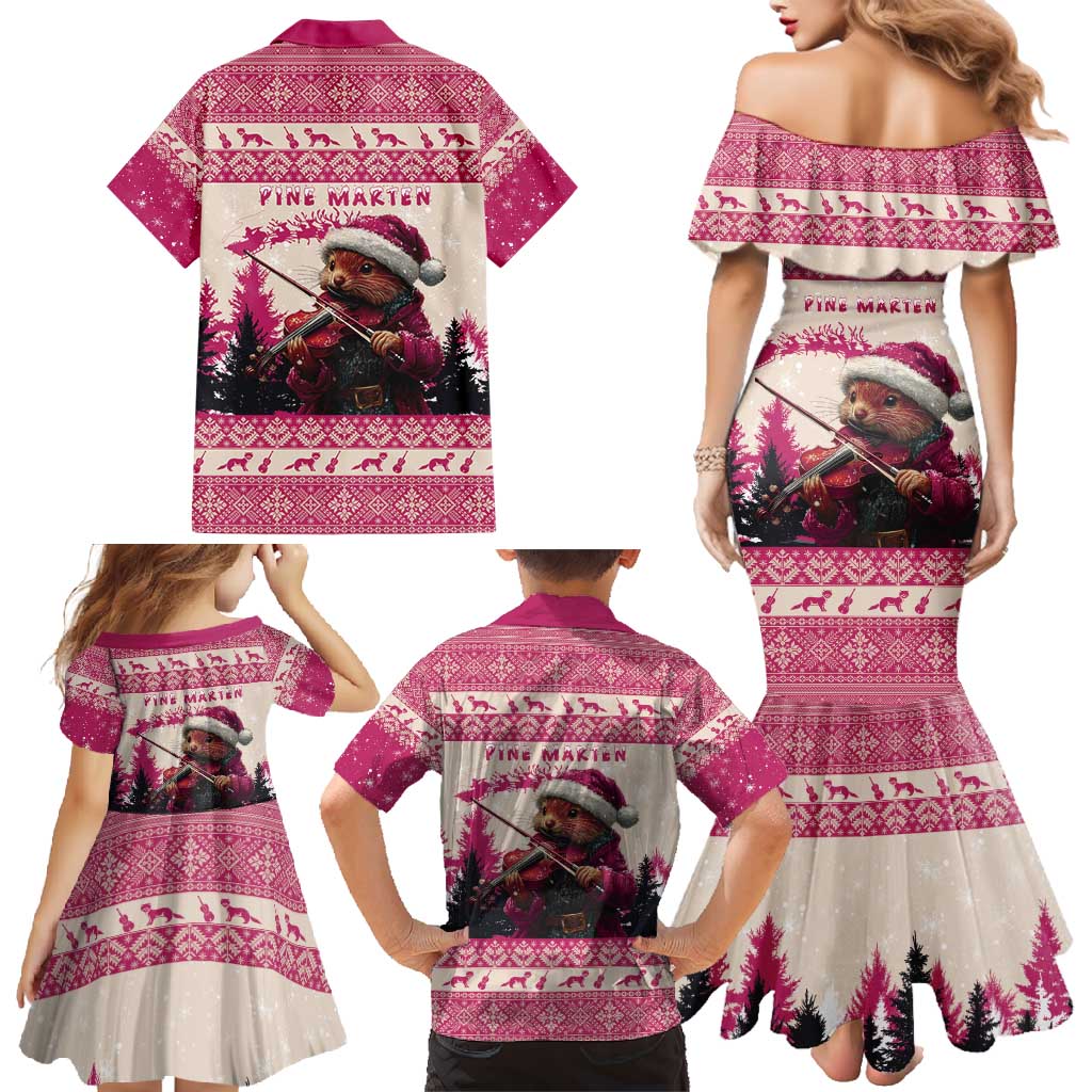 Croatia Christmas Family Matching Mermaid Dress and Hawaiian Shirt Pine Marten Playing Violin - Dark Pink Color - Wonder Print Shop