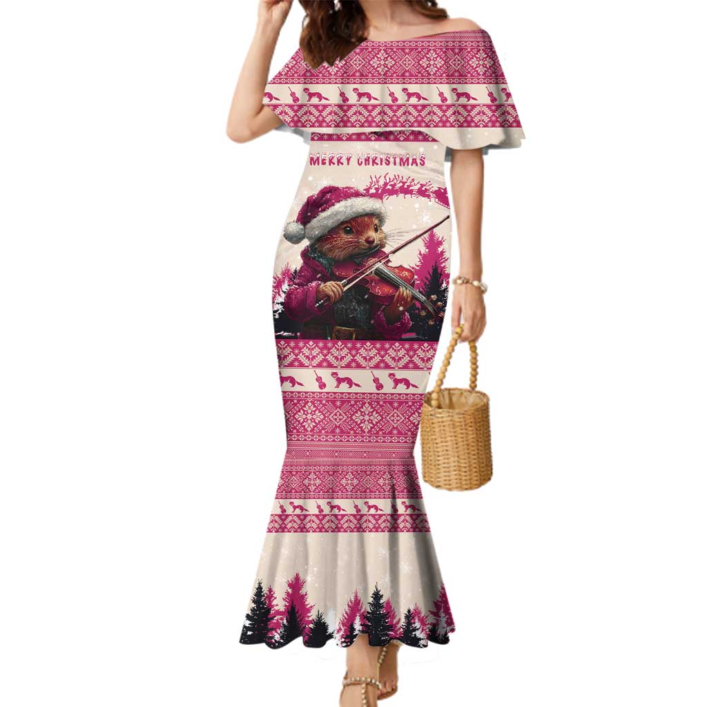 Croatia Christmas Family Matching Mermaid Dress and Hawaiian Shirt Pine Marten Playing Violin - Dark Pink Color - Wonder Print Shop
