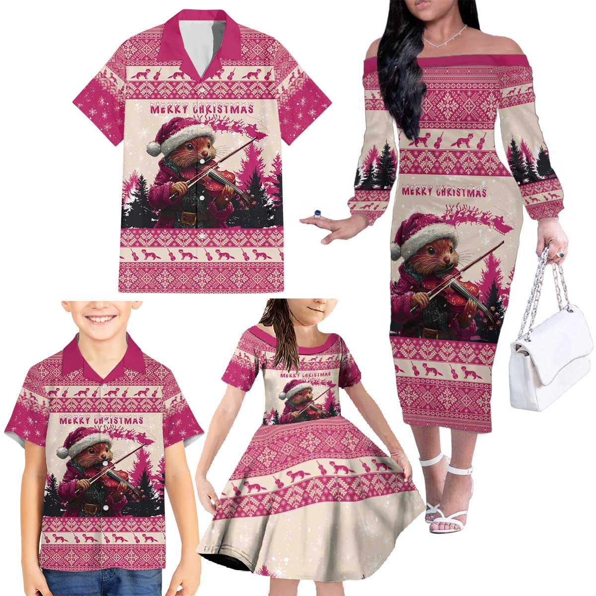 Croatia Christmas Family Matching Off The Shoulder Long Sleeve Dress and Hawaiian Shirt Pine Marten Playing Violin - Dark Pink Color - Wonder Print Shop