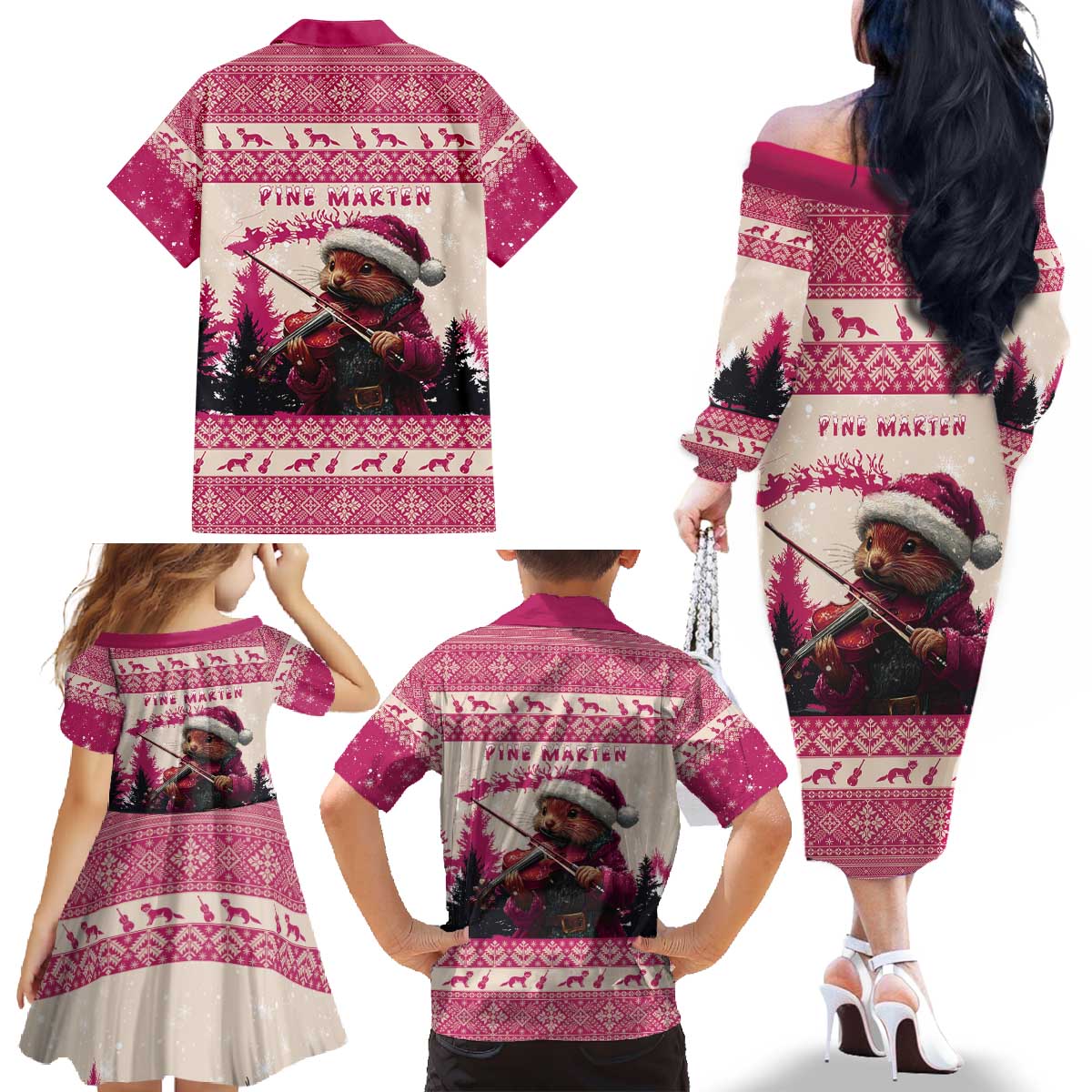 Croatia Christmas Family Matching Off The Shoulder Long Sleeve Dress and Hawaiian Shirt Pine Marten Playing Violin - Dark Pink Color - Wonder Print Shop