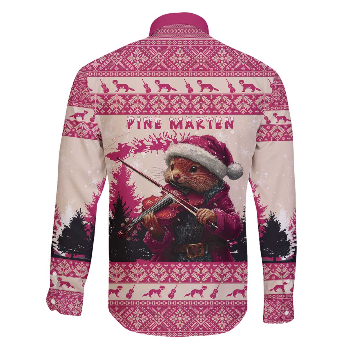 Croatia Christmas Family Matching Off The Shoulder Long Sleeve Dress and Hawaiian Shirt Pine Marten Playing Violin - Dark Pink Color - Wonder Print Shop