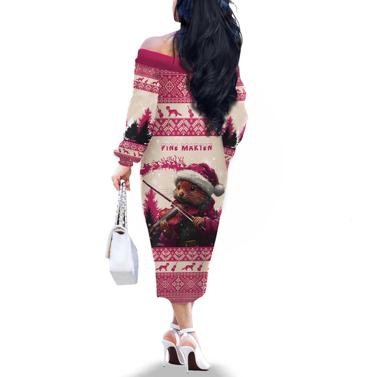 Croatia Christmas Family Matching Off The Shoulder Long Sleeve Dress and Hawaiian Shirt Pine Marten Playing Violin - Dark Pink Color - Wonder Print Shop